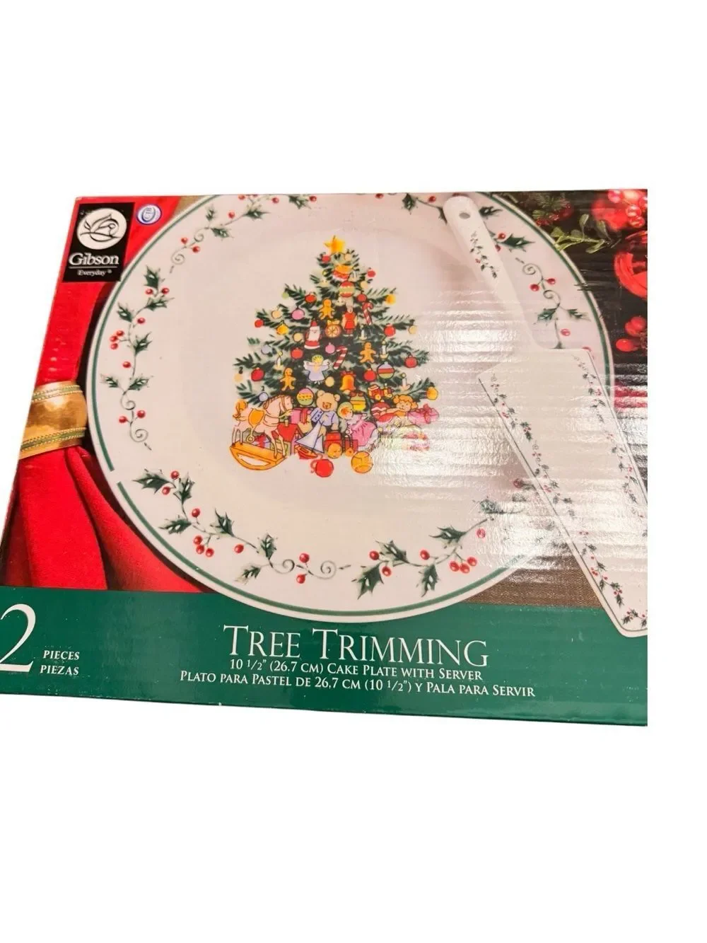 Gibson White Tree Trimming Cake Plate and Server Set 10 1/2  inch NEW in orginal
